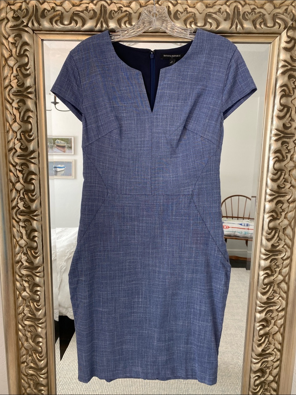 Banana Republic Navy Textured Sheath Dress with Cap Sleeves